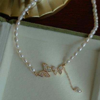 Butterfly zircon pearl necklace