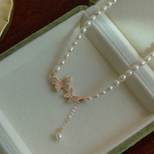 Butterfly zircon pearl necklace
