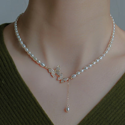 Butterfly zircon pearl necklace