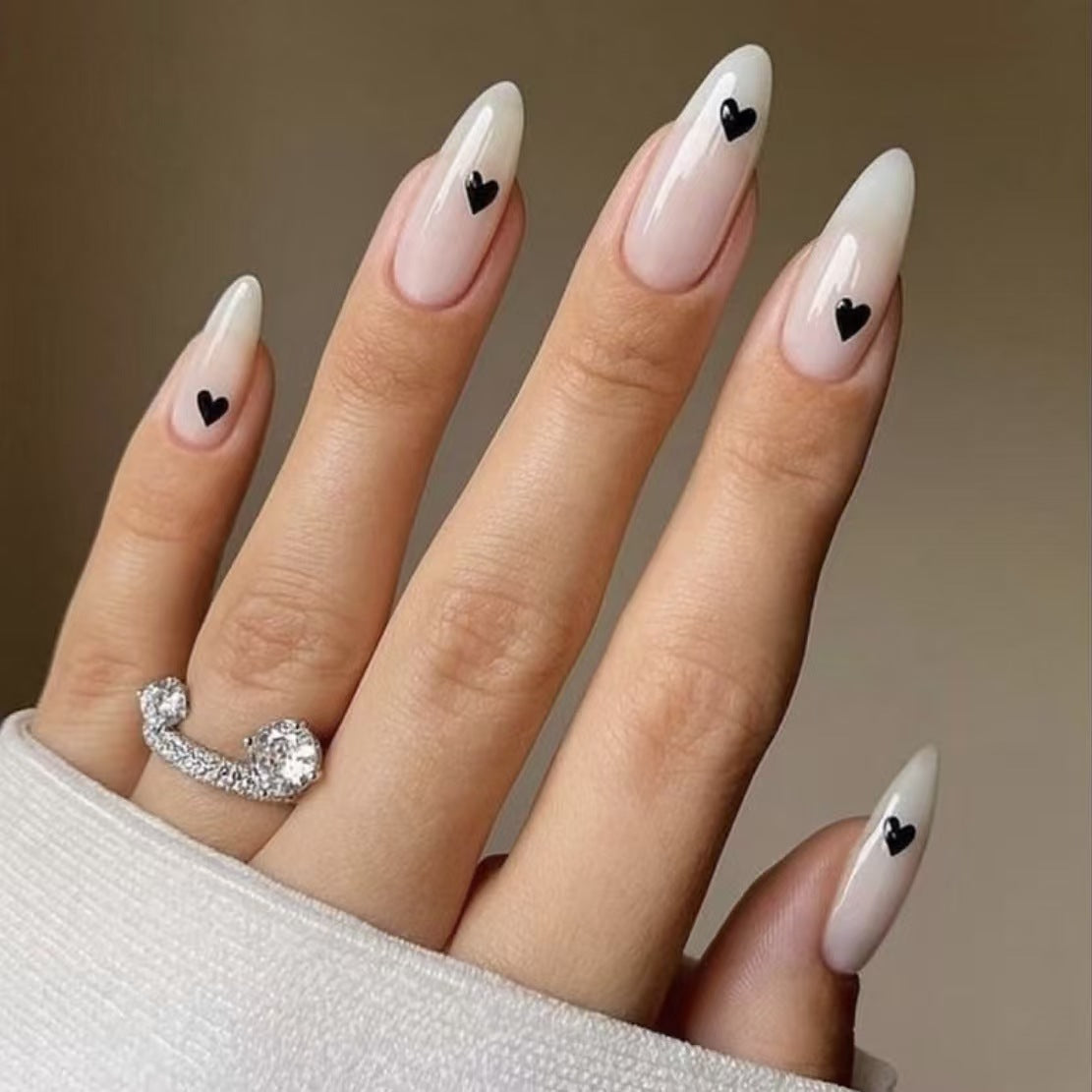 White & Black Small Heart Teardrop Nail